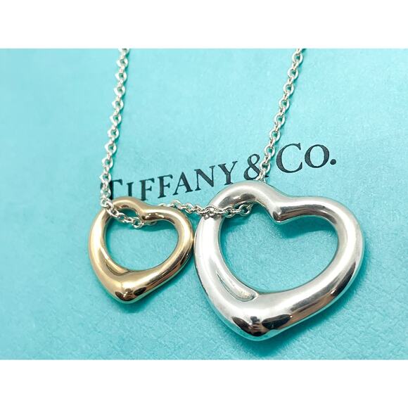 Tiffany & Co. Jewelry - LARGE Tiffany & Co Elsa Peretti Double Open Heart Pendant Necklace 18k & Silver